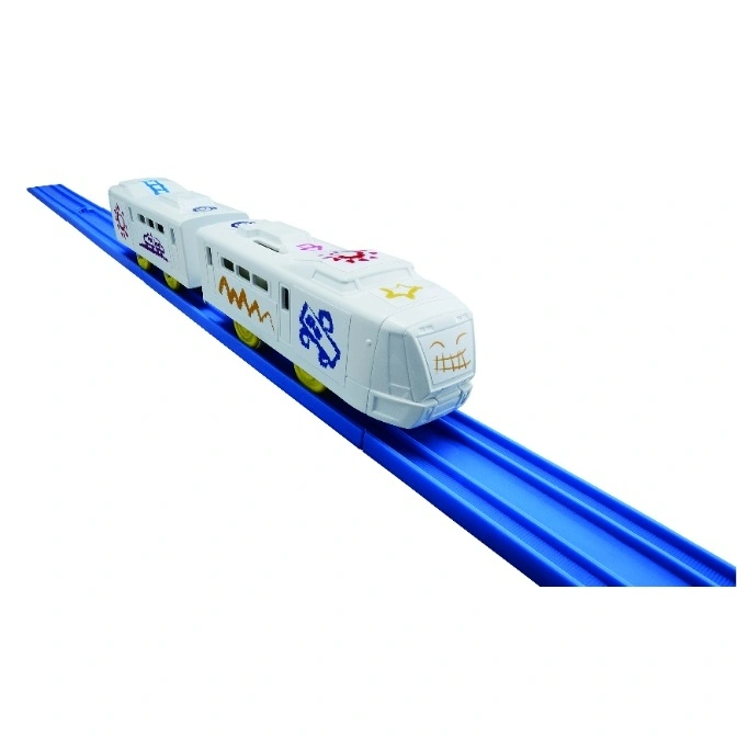  Toy train on blue tracks with cartoon drawings.