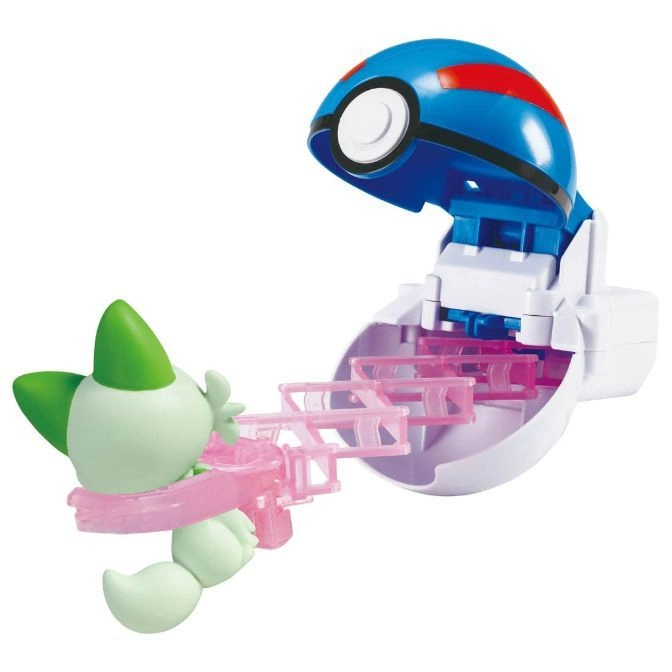  Sprigatito toy being launched from a blue and white Poké Ball launcher with pink platforms.