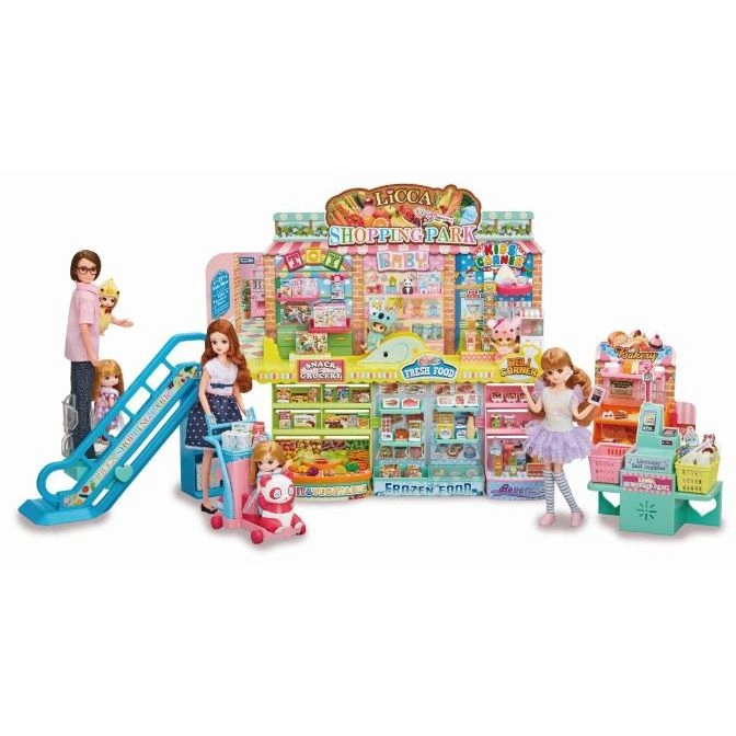 LiCCA Shopping Park playset with dolls, supermarket, bakery, escalator, and shopping cart.