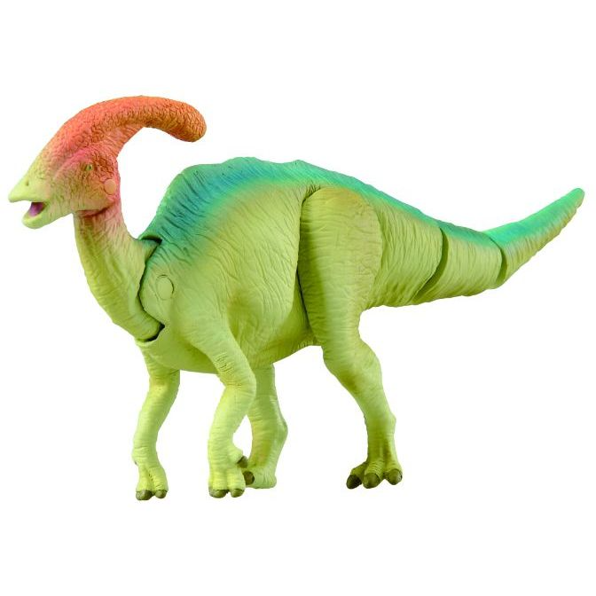 Parasaurolophus dinosaur toy with orange head crest and green body.