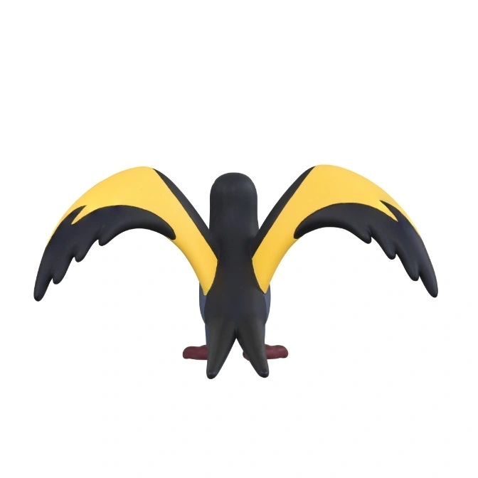  Black and yellow toy bird with outstretched wings, viewed from the back.