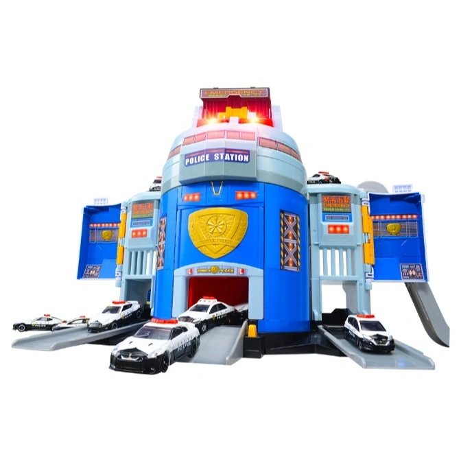 Tomica police station playset with toy police cars on ramps.
