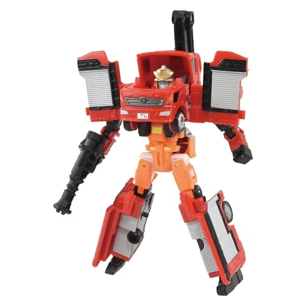 Red and orange fire truck transformer toy with a black gun arm.