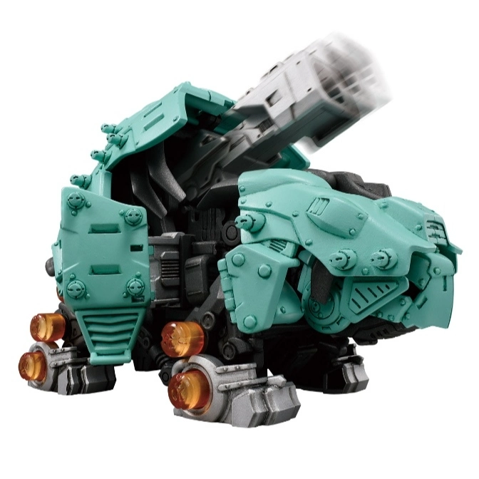  Green Zoids toy with cannon raised, showing mechanical details and orange lights.