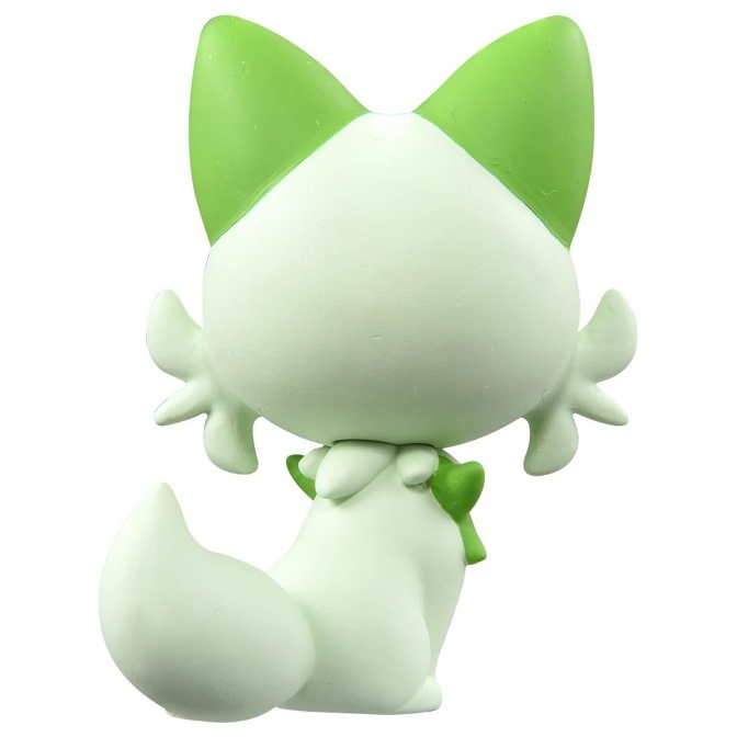 Sprigatito toy figurine, rear view. White body with green ears and leaf collar.