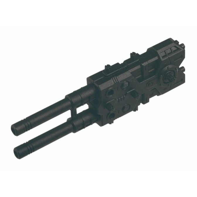  Black toy gun with two barrels and intricate detailing, resembling a futuristic weapon.