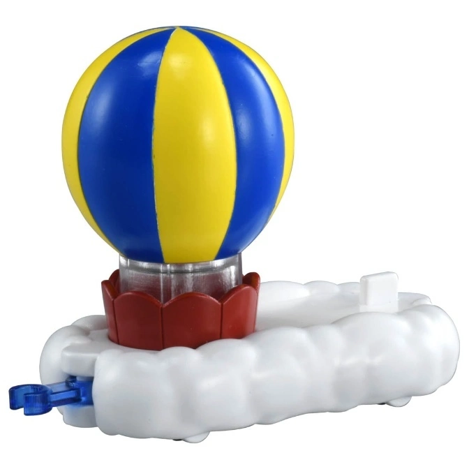  Toy hot air balloon with blue and yellow stripes, red basket, and cloud base.