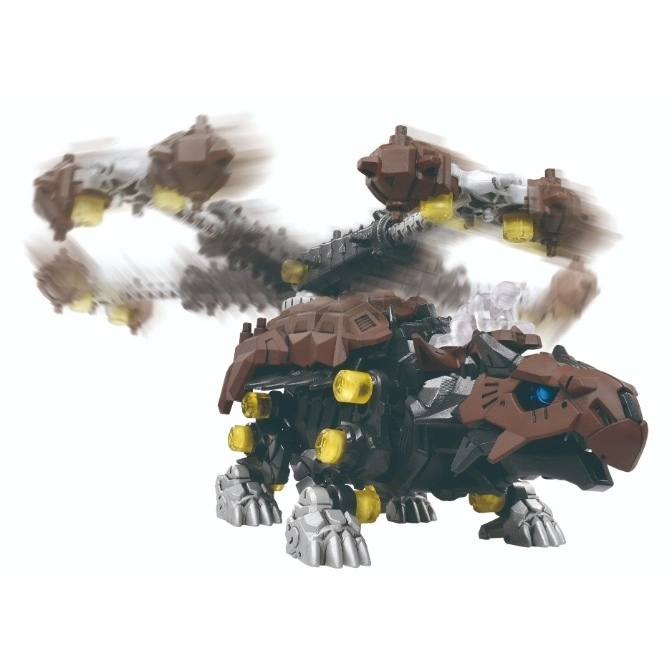  Zoids toy tortoise with rotating cannons, brown shell, silver feet, and glowing blue eyes.