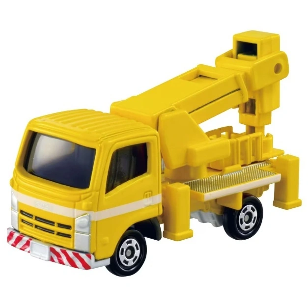  Yellow Isuzu crane truck toy with red and white striped bumper.