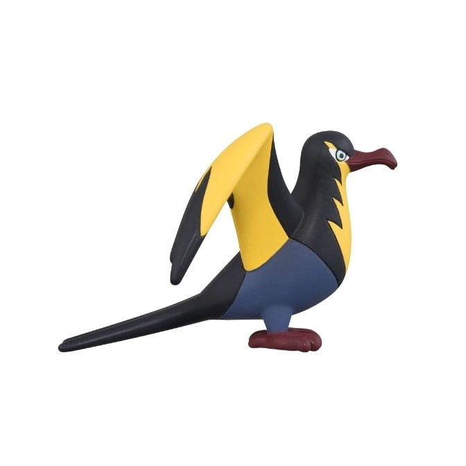  Toucannon toy figure with black head, yellow wings, blue body and long tail.