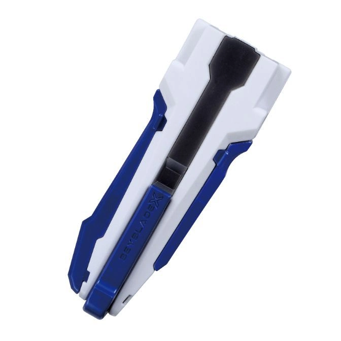 Blue and white Beyblade X launcher with black grip.