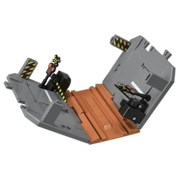  Toy drawbridge with hazard markings and railway signals, in raised position.