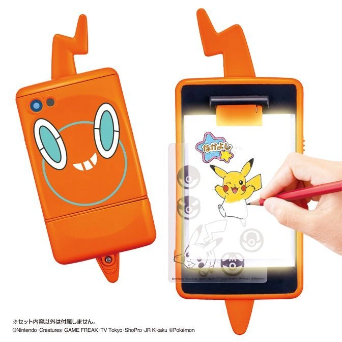 Rotom Pokedex toy with drawing screen, Pikachu art being traced with a pencil.