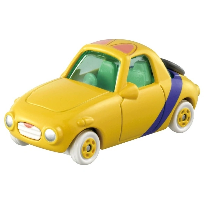 Yellow toy car with white wheels and a blue stripe.
