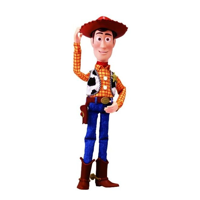 Toy Story Woody doll in cowboy attire, tipping his hat.