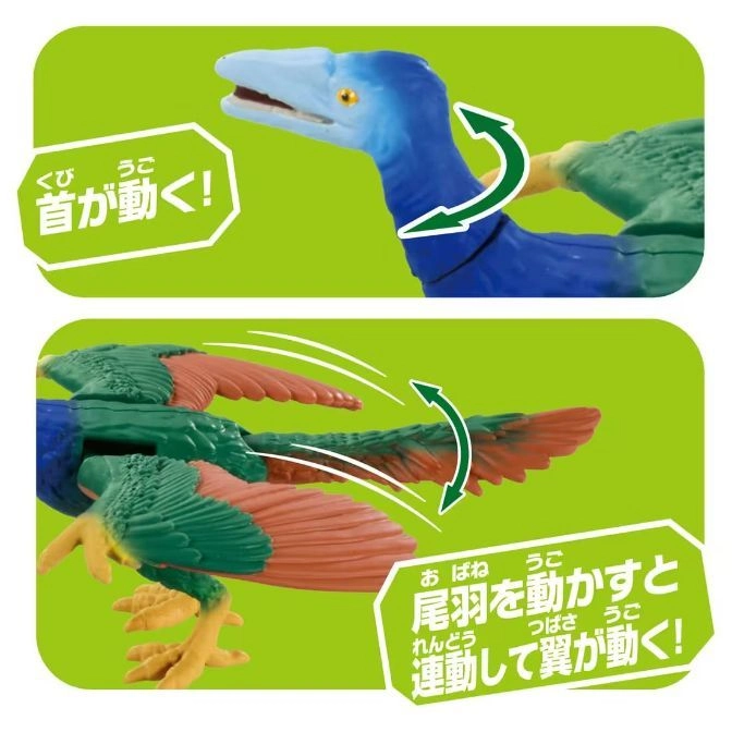  Blue toy bird with moving neck and wings, demonstrating its articulated features.