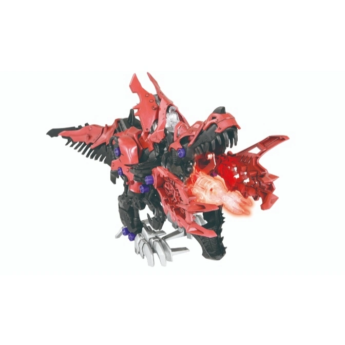  Red Zoids toy dinosaur with glowing mouth cannon.