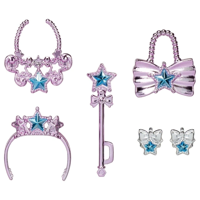  Toy jewelry set: necklace, tiara, wand, purse, and earrings, all pink with blue stars.