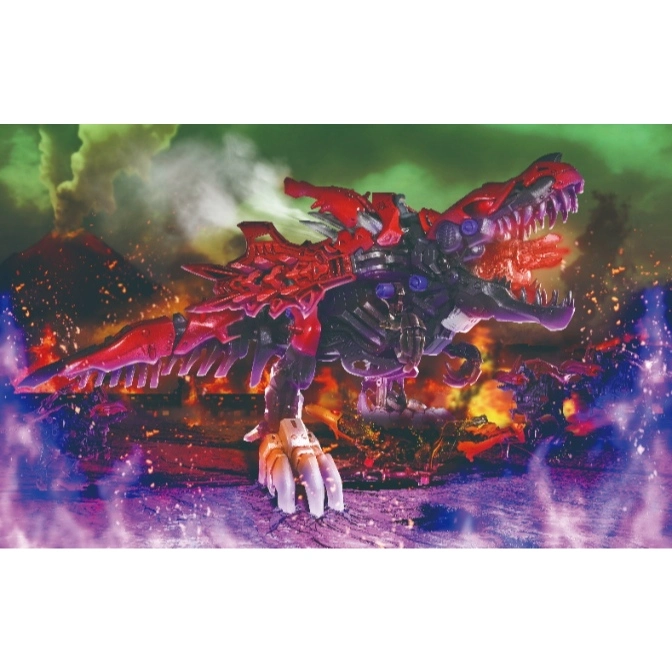  Red and black robotic dinosaur toy with sharp teeth and claws, standing in a fiery landscape.