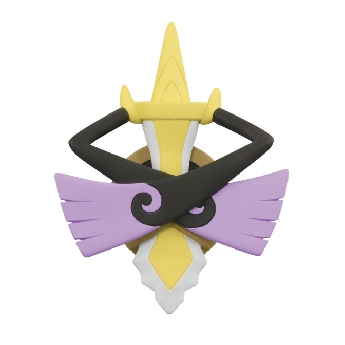  Honedge Pokémon toy with yellow sword, black arms, and lavender ribbons.