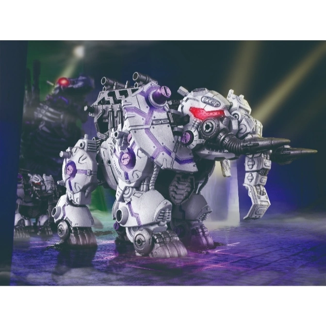  White robotic mammoth toy with purple accents and a red eye, standing on a textured surface.