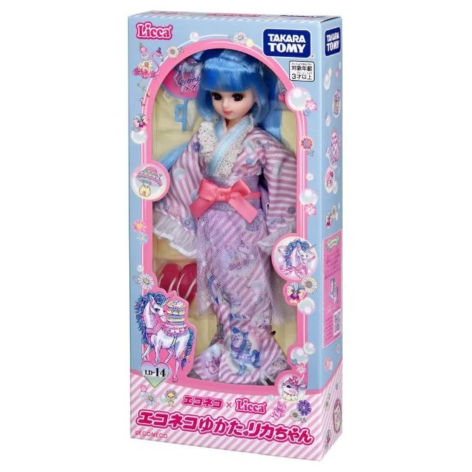  Licca doll in yukata, packaged. Blue hair, pink bow. "LD-14" label visible.
