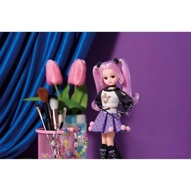  Doll with lilac hair, plaid skirt, and black boots stands against a purple backdrop.