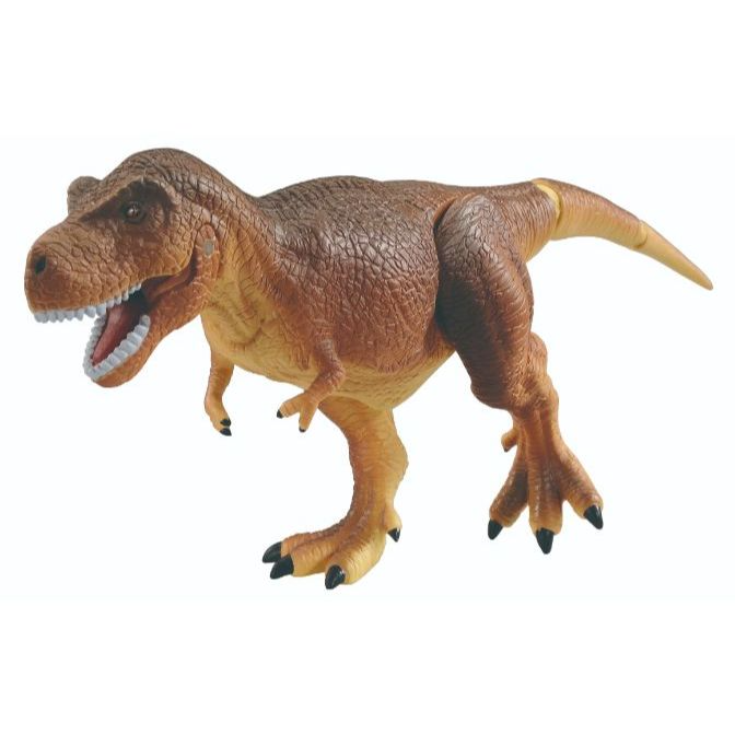 Brown toy Tyrannosaurus Rex with an open mouth and sharp teeth.
