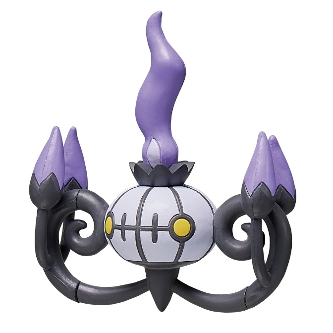 Chandelure Pokémon toy with purple flame and flower buds, gray body and arms.