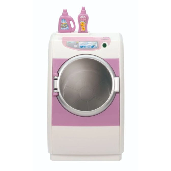  Toy front-load washer with detergent bottles on top. Pink and white color scheme.