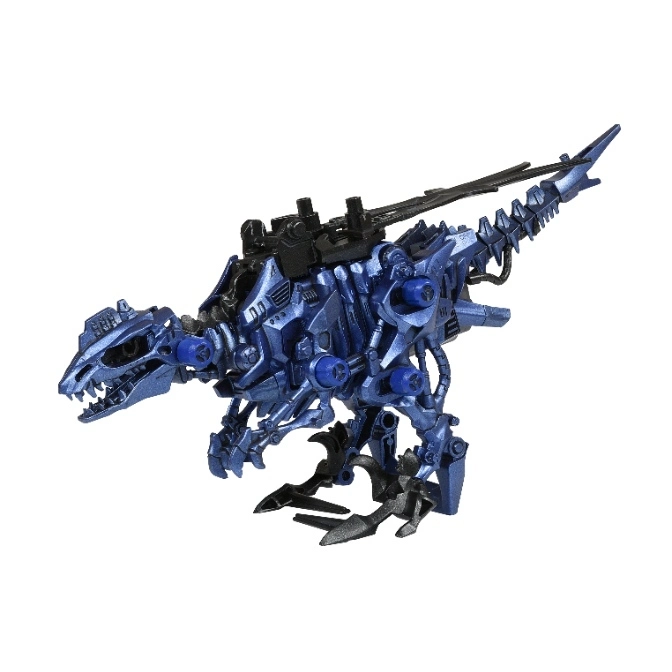  Blue mechanical dinosaur toy with black accents and a long tail.