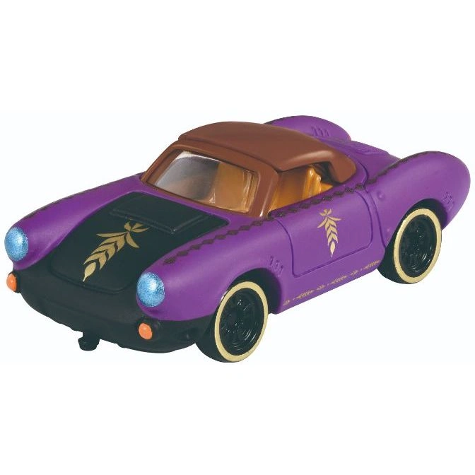 Purple toy car with brown roof and black hood featuring a gold leaf design.