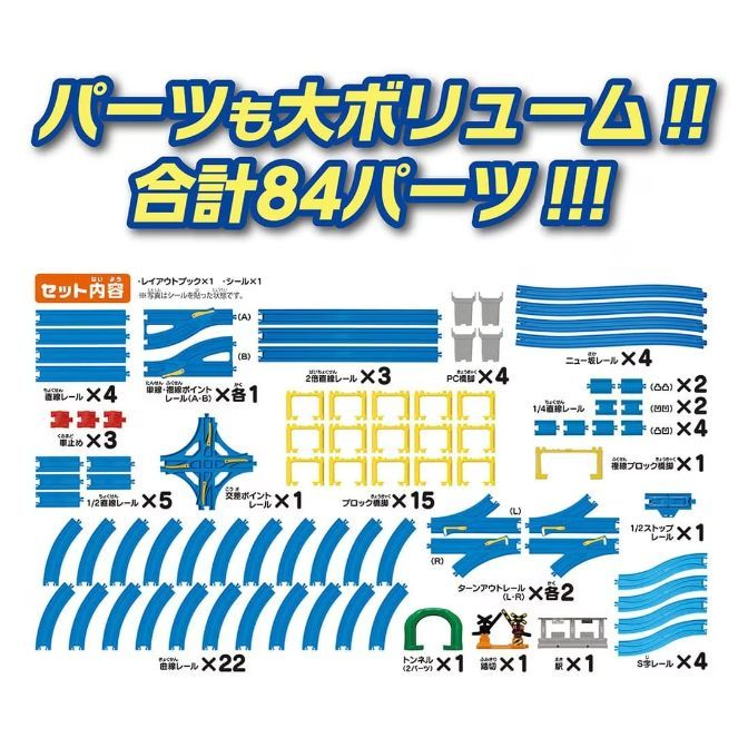  This image shows a set of toy train tracks and accessories. The set includes various types of tracks, such as straight, curved, and switch tracks, as well as accessories like a tunnel, a crossing, and building blocks. The image also includes text in Japanese, indicating the number of pieces included in the set.