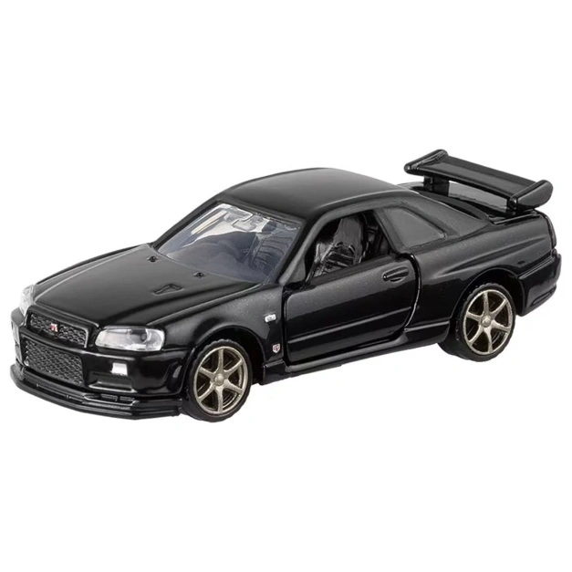  Black toy Nissan Skyline GT-R (R34) with gold wheels and rear spoiler.