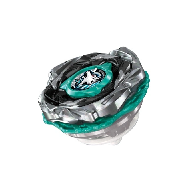  Beyblade toy with a silver and black design, featuring a teal center with a wolf emblem.