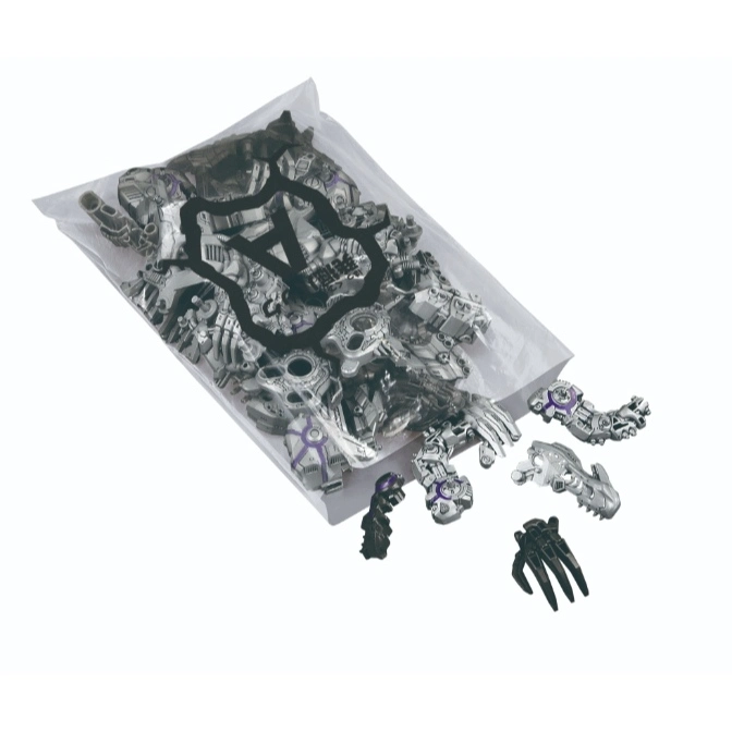  Bag of silver and purple robot toy parts spilling out, including arms and claws.