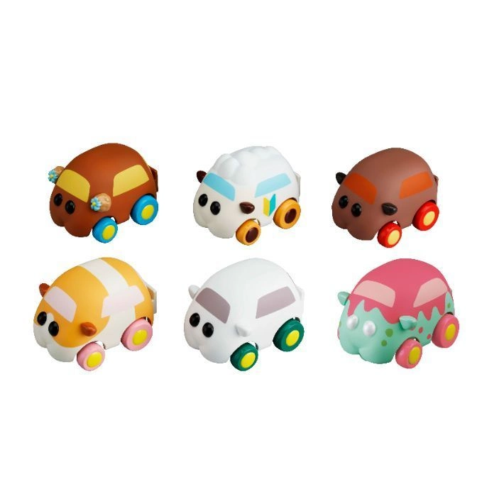 Six colorful Pui Pui Molcar toy cars with different designs and wheel colors.