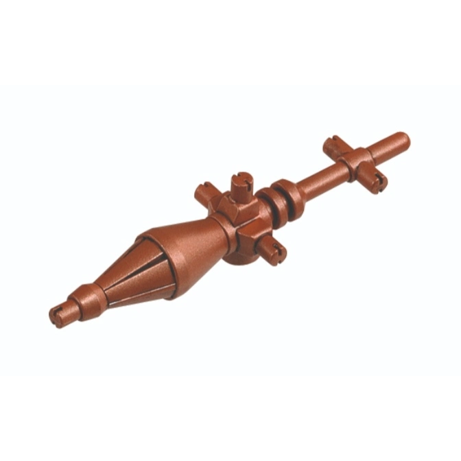  Brown toy bazooka with cross-shaped handle and cone-shaped warhead.