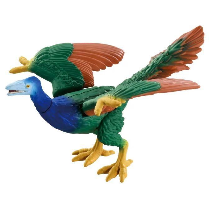 Toy Archaeopteryx with blue head, green body, orange and green wings, and yellow feet.