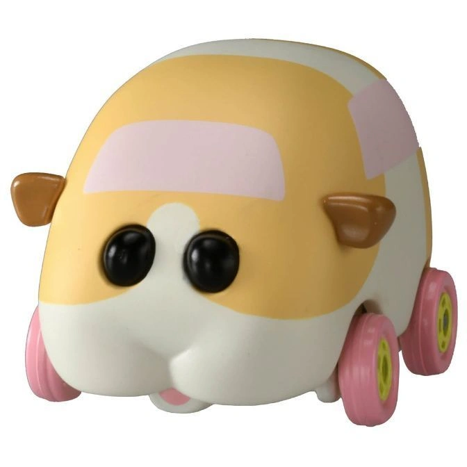 Guinea pig car toy with yellow and white body, pink wheels, and big black eyes.