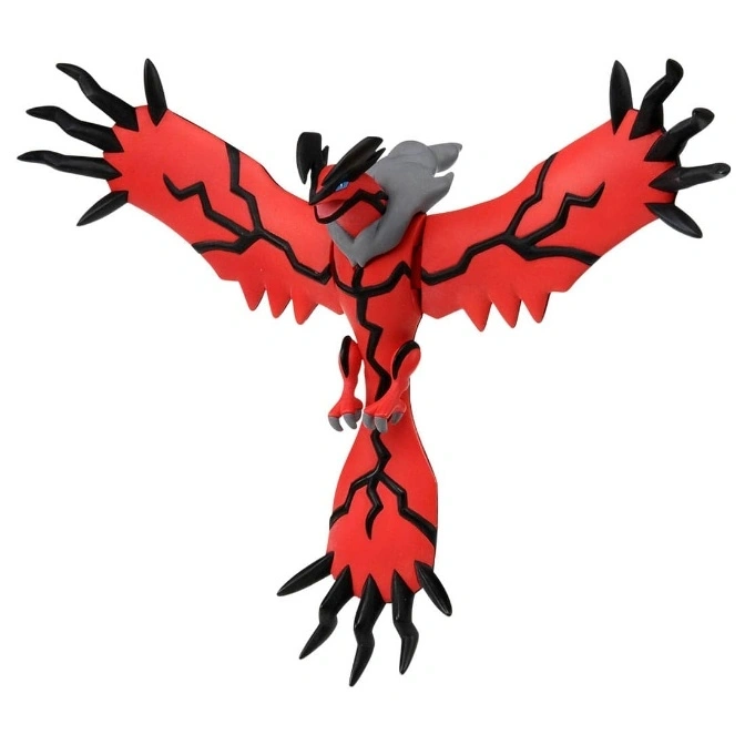 Yveltal figurine with red wings outlined in black, gray neck, and black claws.