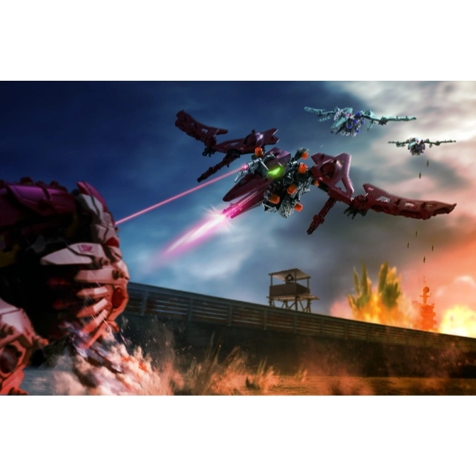  Zoids battle scene: giant robot attacked by flying Zoids firing lasers over a burning landscape.