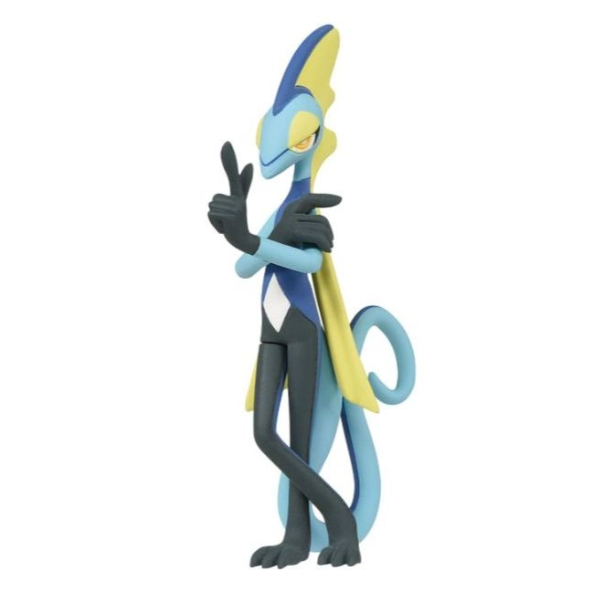 Inteleon toy figure in a spy pose, with blue and yellow coloring.