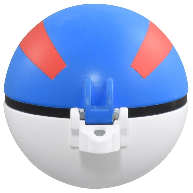 Blue and white Poké Ball toy with red accents and a white button.