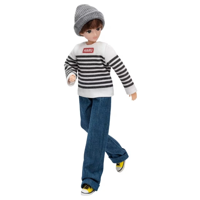  Haru doll in striped shirt, jeans, beanie, and yellow sneakers walking.
