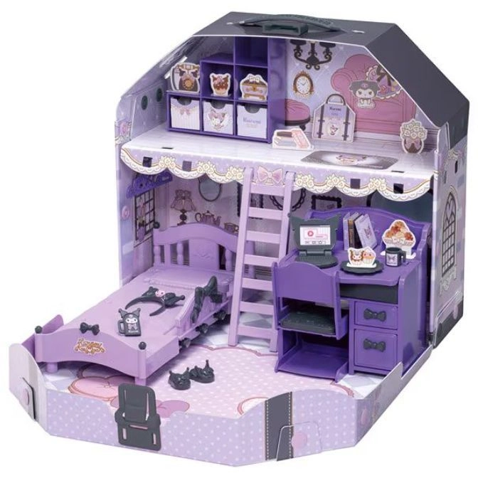 Kuromi dollhouse with bedroom and study, purple furniture, and accessories.