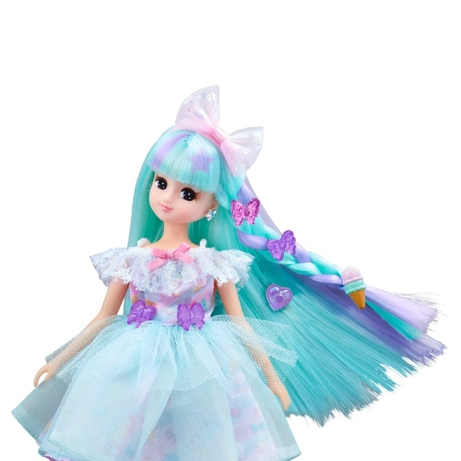  Doll with blue hair, bow, and dress. Braided hair with butterfly clips and ice cream cone charm.