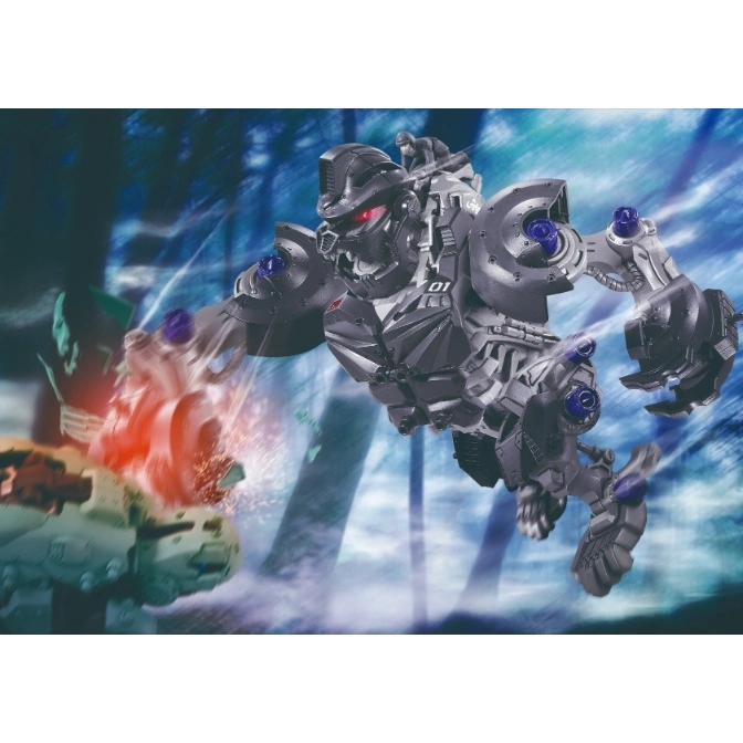 Grey gorilla robot toy with glowing red eyes and blue accents, mid-action in a forest setting.