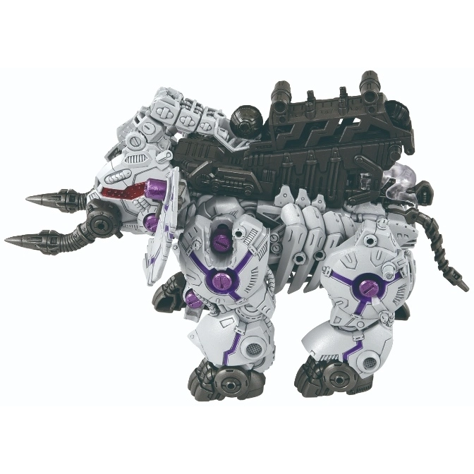  White robotic mammoth toy with purple accents and a large black weapon on its back.