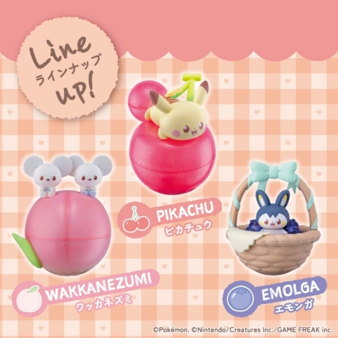  Pokémon toys: Wakkanezumi on peach, Pikachu on cherry, Emolga in basket. Cute!